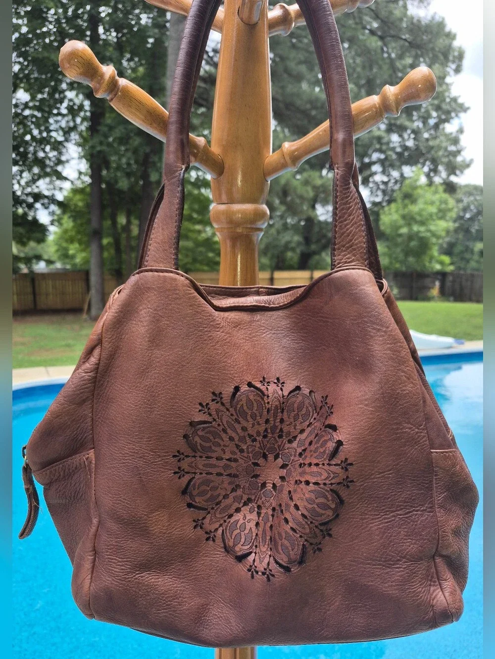 100% Leather BOHO Top Shoulder Bag W/ Intricate Mandala Cutout